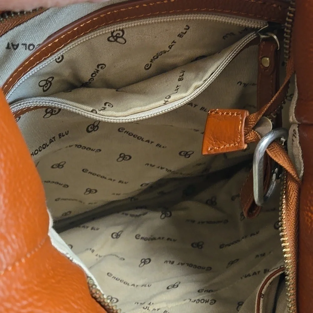 Leather Bucket Hobo Crossbody Chocolat Blu Brand Pebble Leather Gold Stud Detail